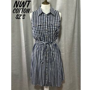 NWT Summer Vibes Dress-S-Cotton-Blue & White Gingham Print-Elastic Waist-Buttons